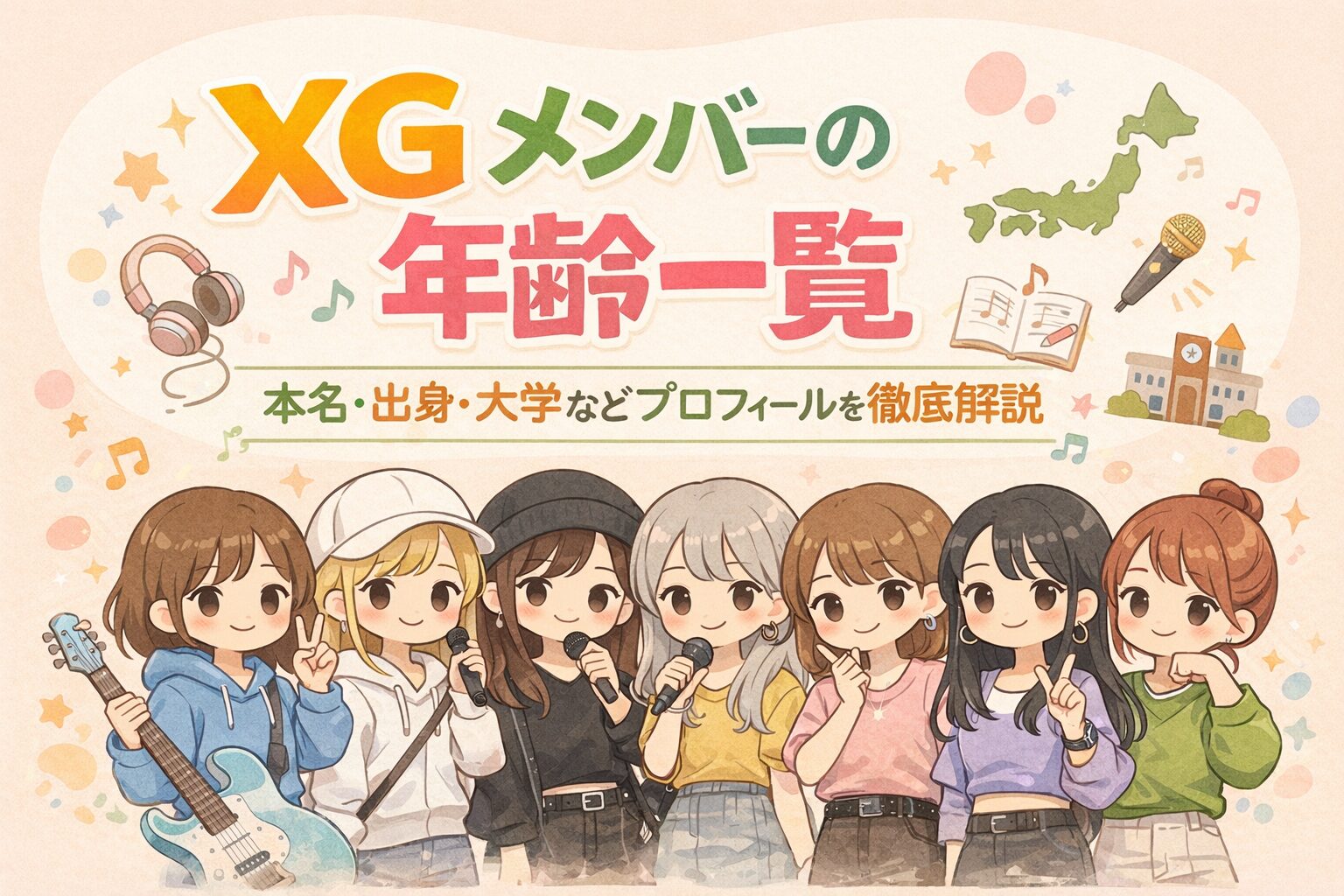 XGメンバーの年齢一覧や本名・出身・大学などプロフィールを解説するブログ記事のアイキャッチ画像。女性7人組音楽グループXGをデフォルメしたアーティスト風イラストで表現しています。
