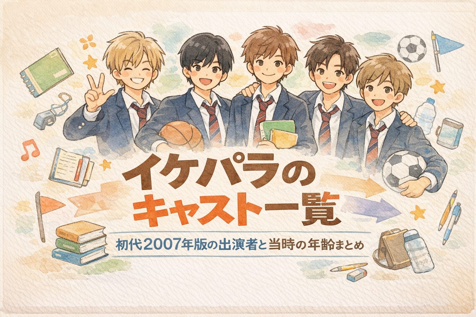 イケパラ初代2007年版のキャストや当時の年齢を解説するブログ記事のアイキャッチ画像。イケメン高校生集団をイラストで表現。